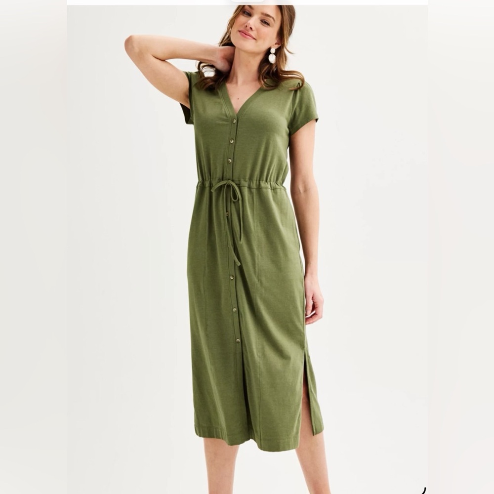 Sonoma Farley Olive Green Button-Down Midi Dress with Slits .